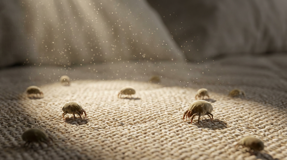 Close-up macro concept of dust mites on mattress fabric, invisible particles in sunlight, soft bed texture, slightly dramatic lighting