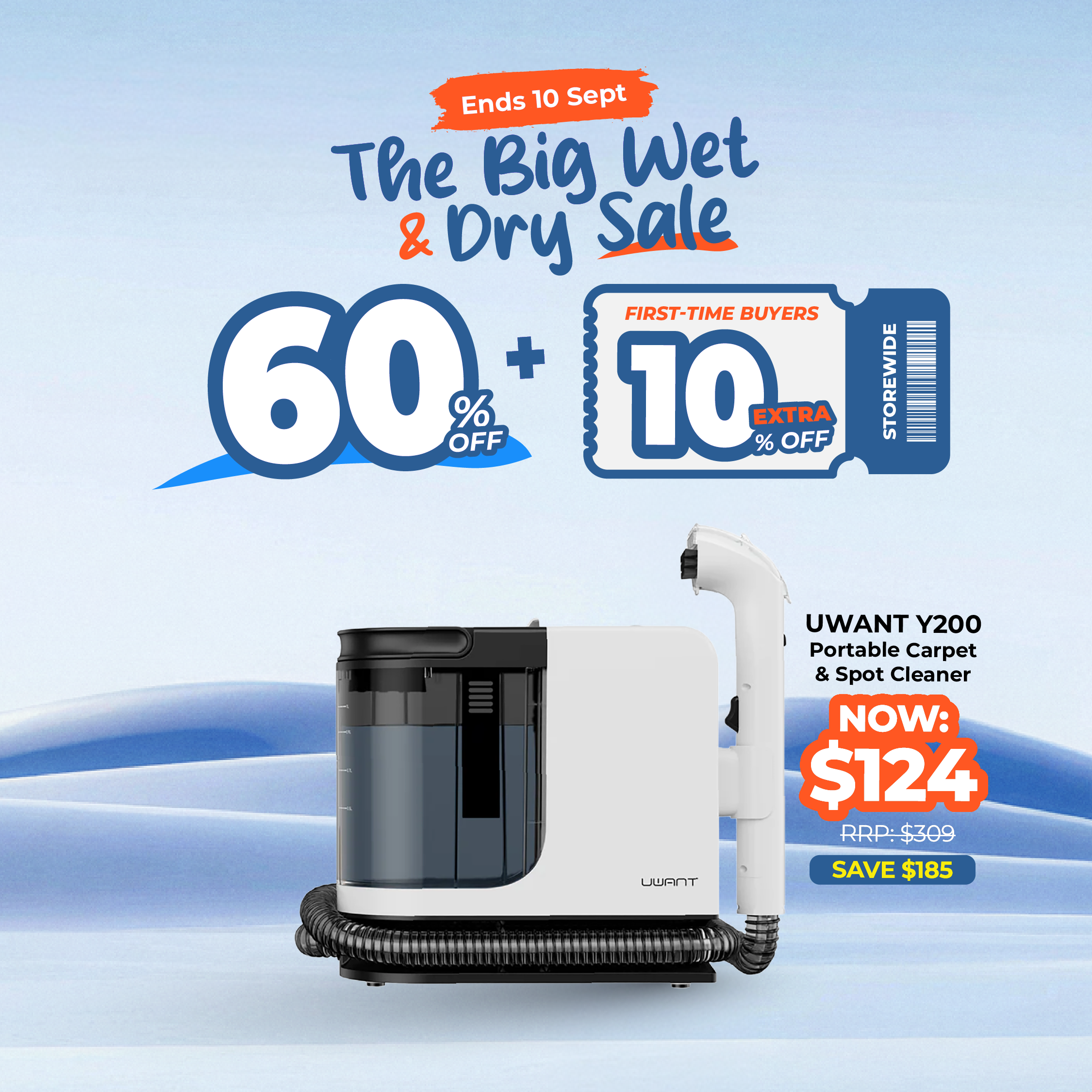 Portable carpet and spot cleaner with white body, black tanks, and handheld nozzle.