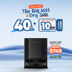 Black robot vacuum cleaner with top bin and circular cleaning base