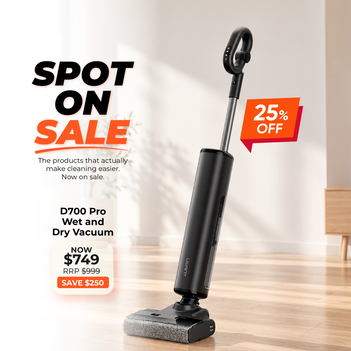 Black wet/dry cordless vacuum cleaner with floor nozzle and slim dust container