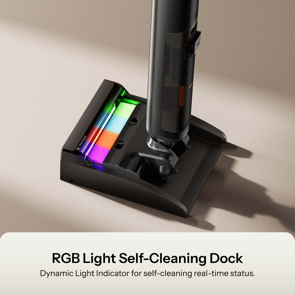 Self-cleaning charging dock with RGB light indicator and mop head stand