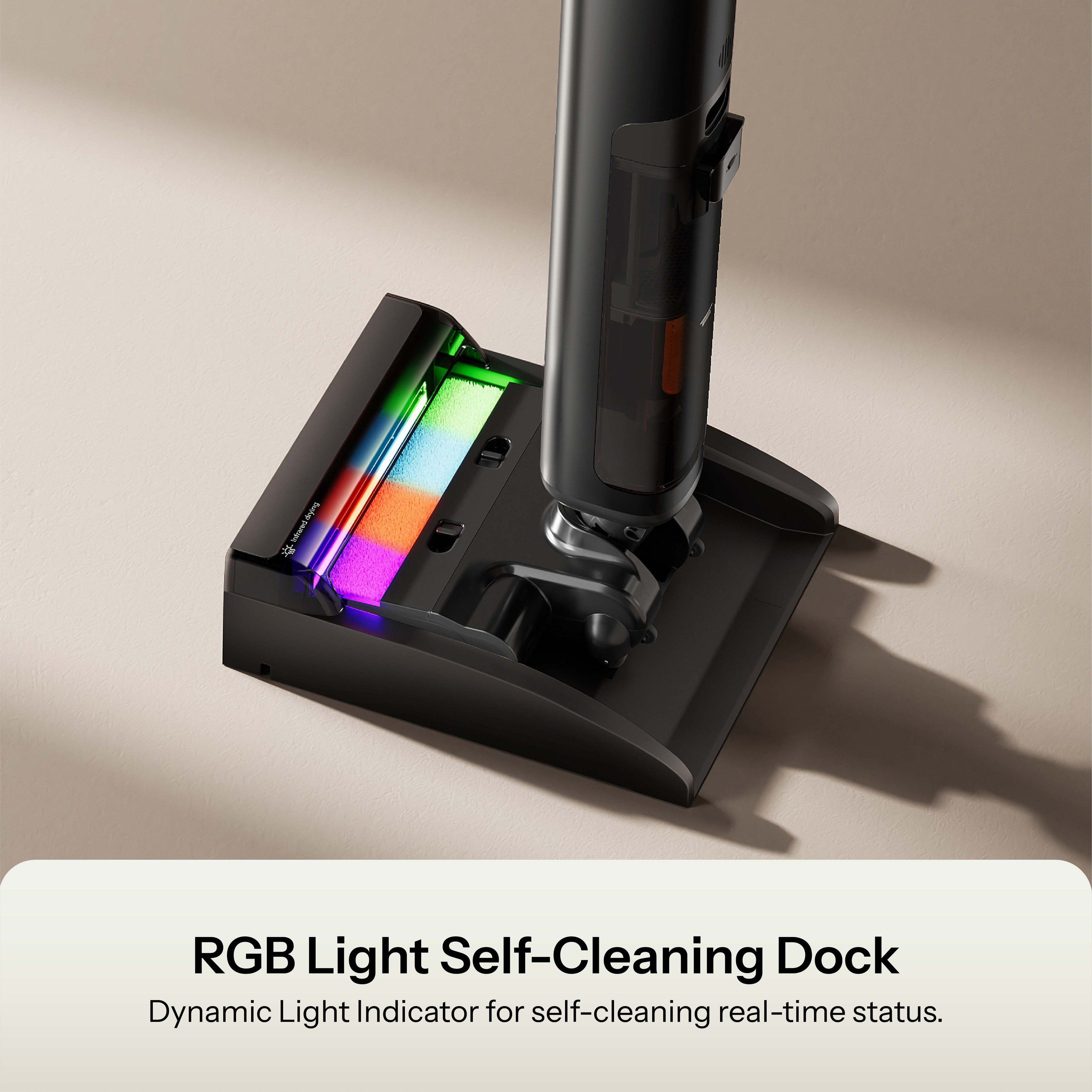 Self-cleaning charging dock with RGB light indicator and mop head stand