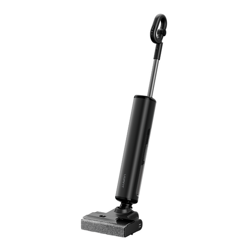 Upright wet and dry vacuum cleaner with flat scrub brush head, black and gray
