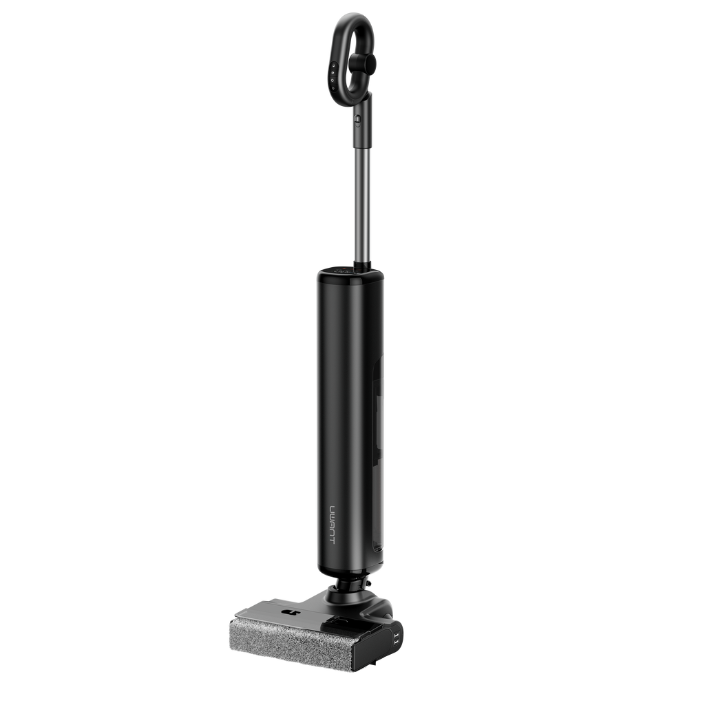 Standing black wet/dry vacuum with roller mop base and loop handle