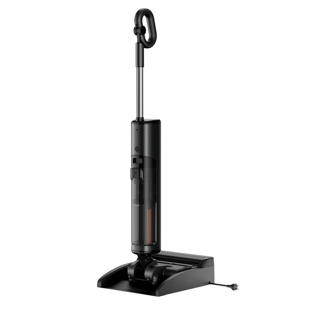 Black wet/dry vacuum with integrated base and rotating mop head