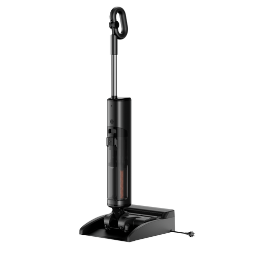 Wet and dry vacuum cleaner with charging base and upright handle, dark gray/black