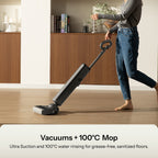 Black wet/dry vacuum used on floors with wide mop head