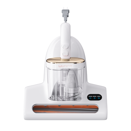Mattress vacuum cleaner front view, clear dust chamber and white body with indicator lights