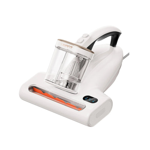 Mattress vacuum cleaner with clear dust chamber and orange nozzle strip, white/black handle