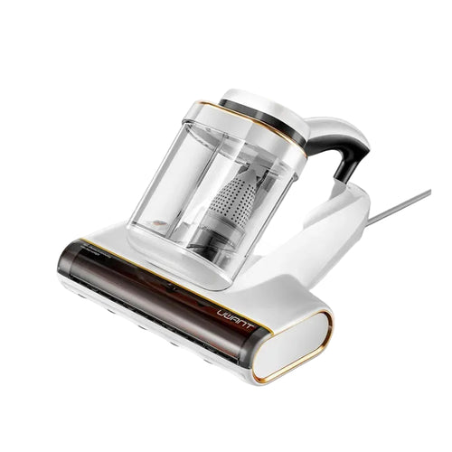 White mattress vacuum cleaner with transparent canister and black-and-gold base strip