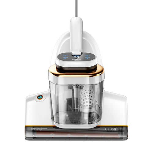 White mattress vacuum cleaner with transparent dust canister and corded handle