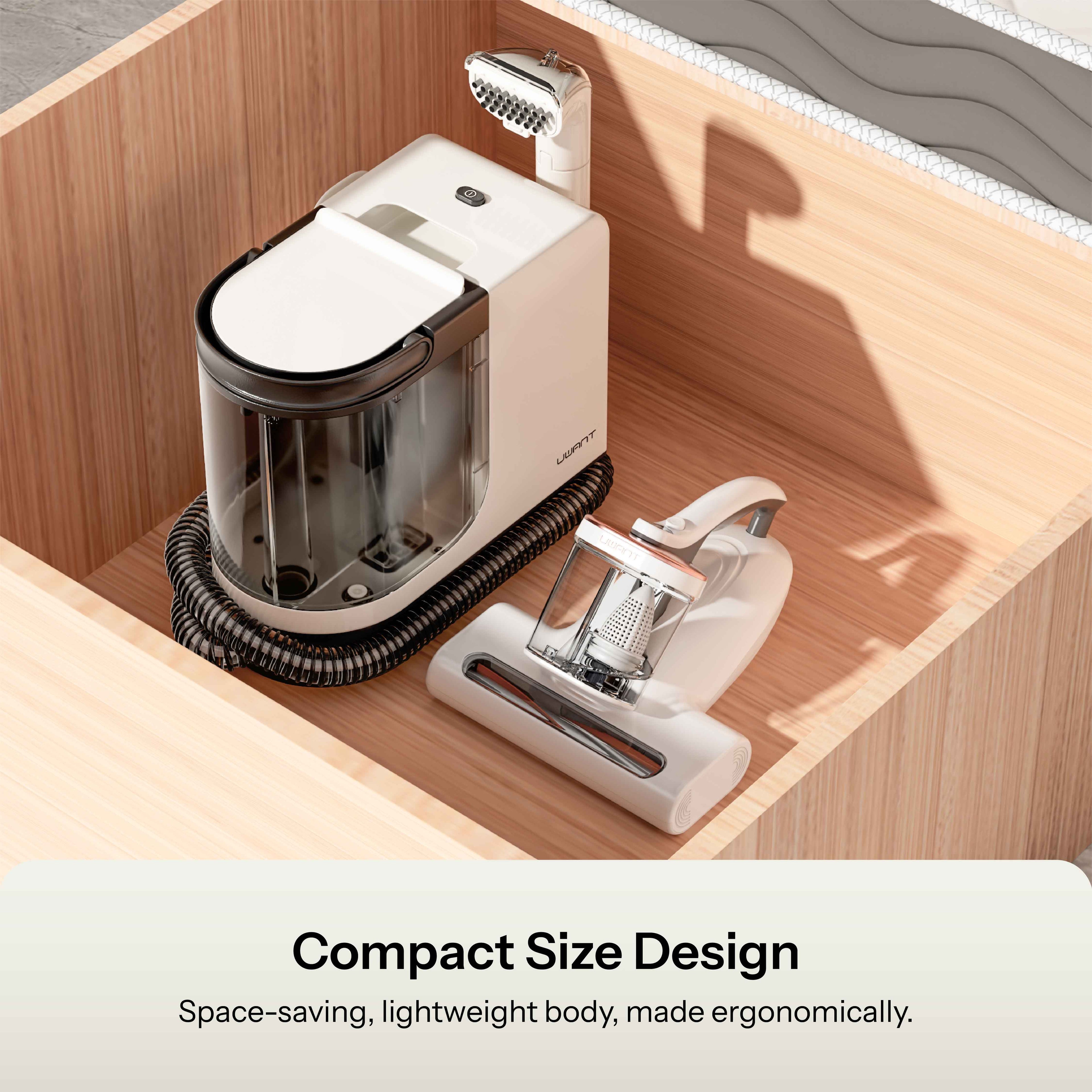 Compact spot cleaner with handheld tool and storage base, white design