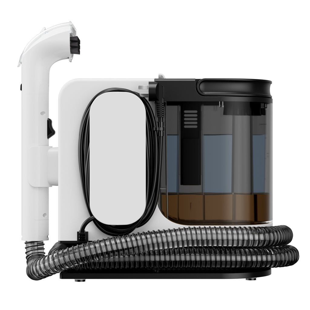 White spot cleaner with attached hose and wide cleaning nozzle, side view