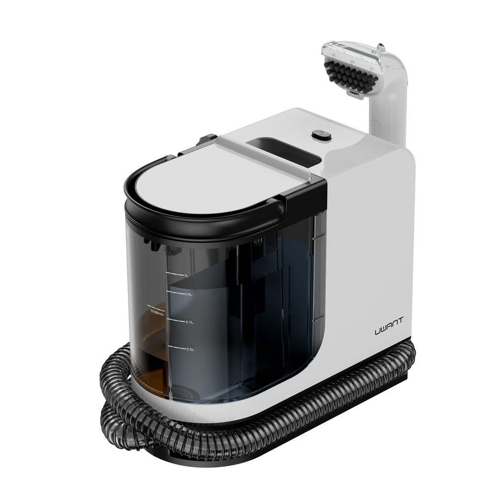 Portable carpet & spot cleaner with top nozzle and clear dirty-water tank, white/black